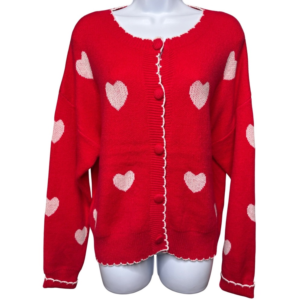 LUNA IVY Womens Red Heart Cardigan Sweater M Scallop Trim Coquette Girly Whimsy